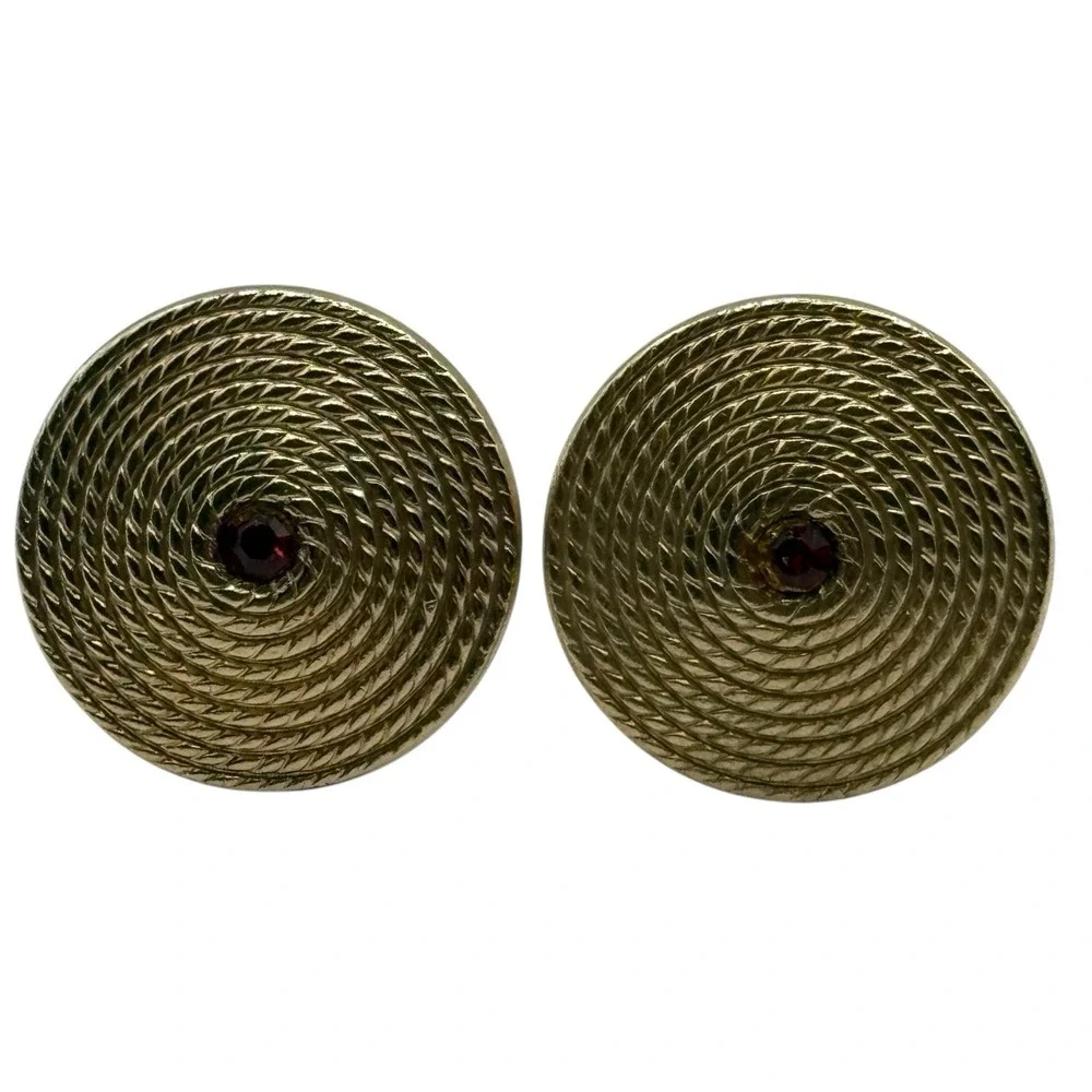 Rope Coil Swirl Cufflinks Red‎ Rhinestone Gold Tone Vintage Men's Round Formal
